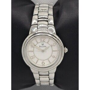 Women's Bulova Round MOP Dial Silver Tone Case Link Bracelet Band Watch 04
